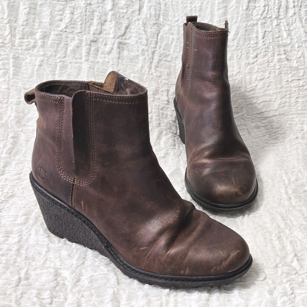 Timberland Amston Chelsea Boots Womens Sz 7 Wedge Brown Leather Mid Heel Slip on